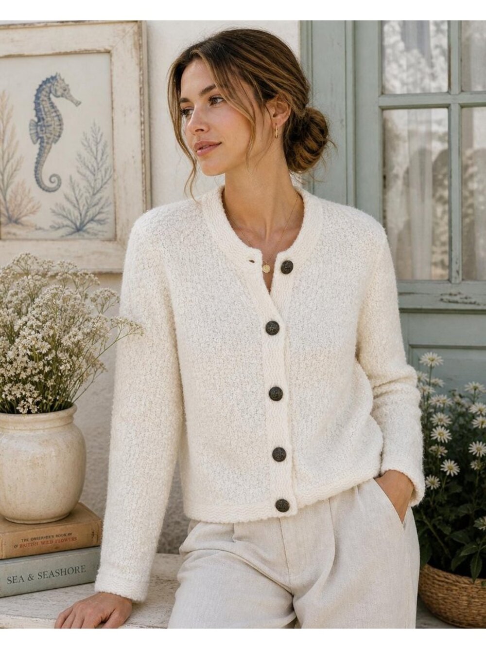 Vintage Talbots Petite Ivory Bouclé Cardigan Sweater | Cozy Knit Button Front